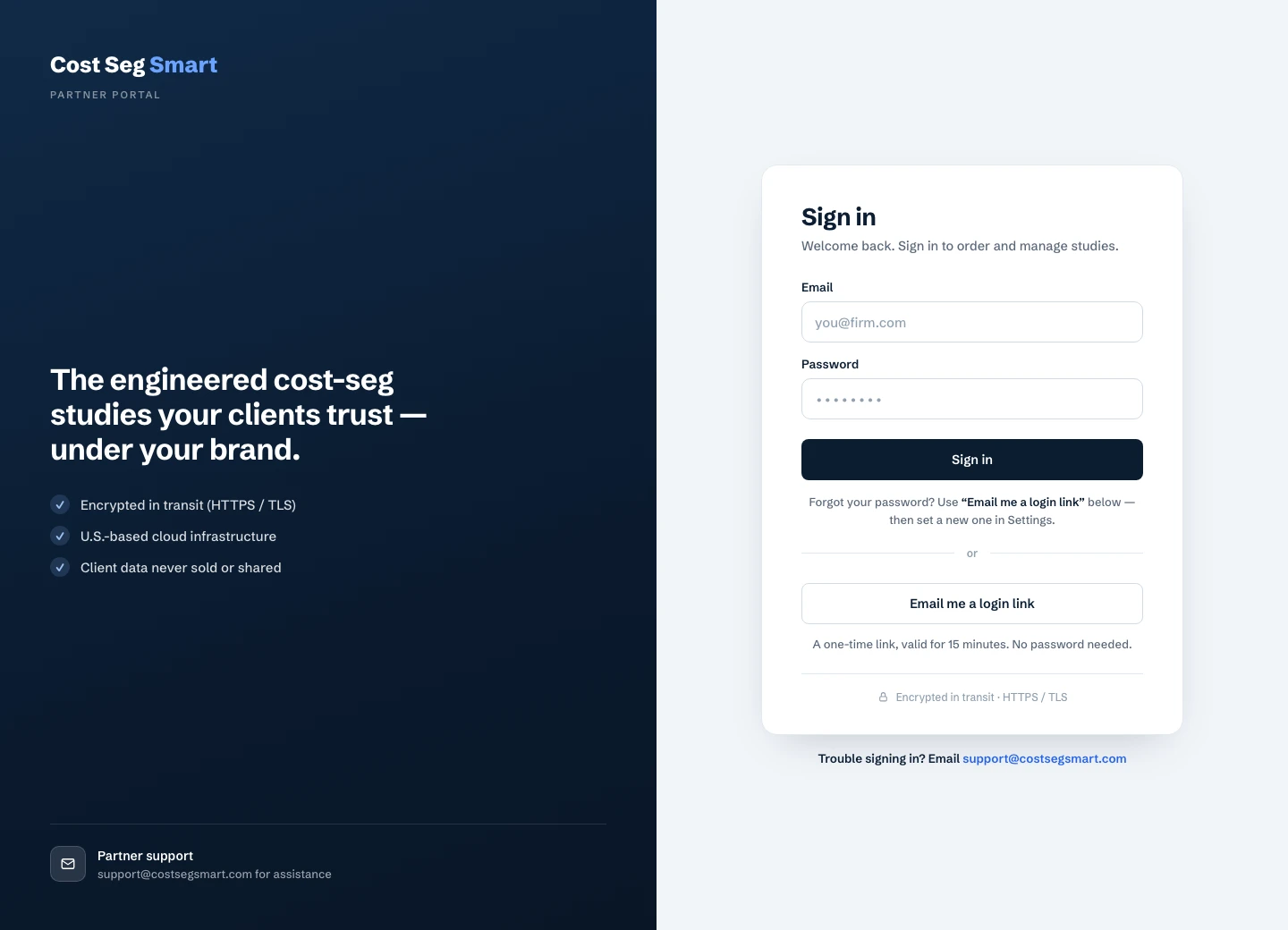 Cost Seg Smart partner portal sign-in screen, branded and encrypted